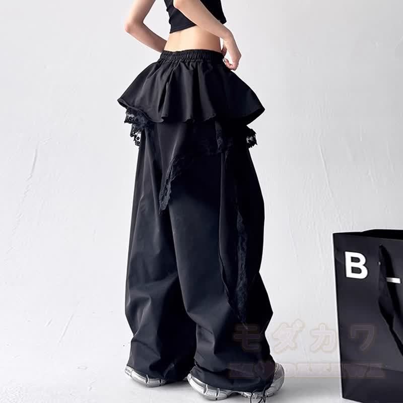 Y2K Punk Cropped Hoodie und Lace Ruffle Layered Pants Zweiteiliges Set - image 3