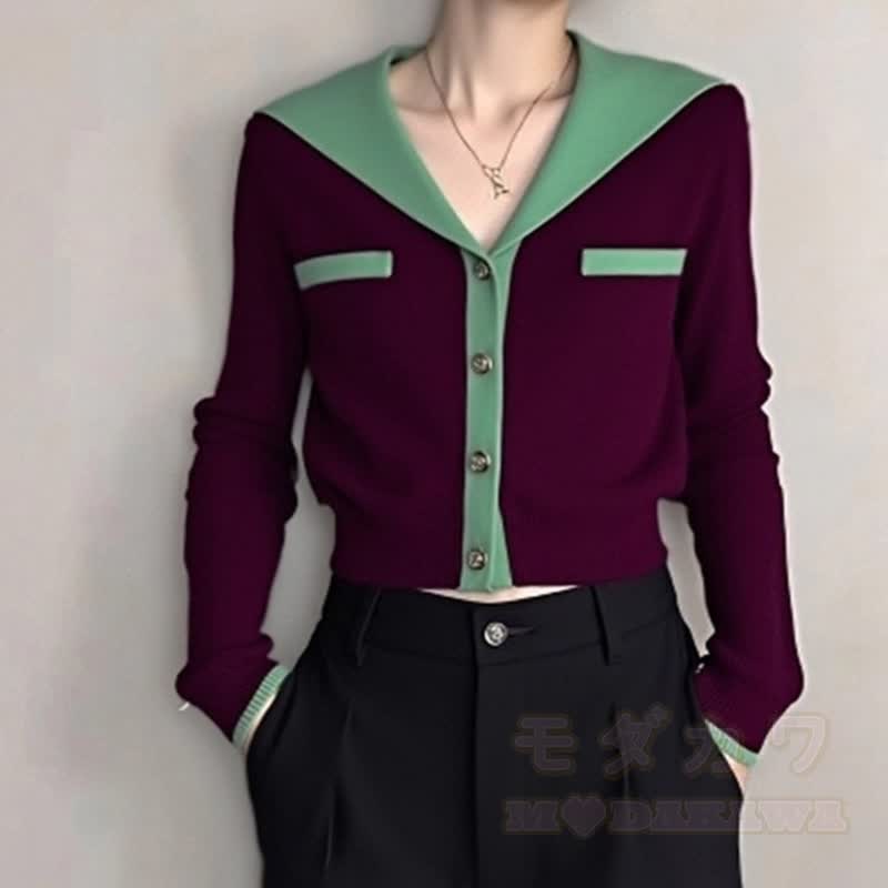 Zweiteiliges Set aus lässigem Strickcardigan mit Matrosenkragen und gestreifter Jeans - Spitze - 3XL - image 2