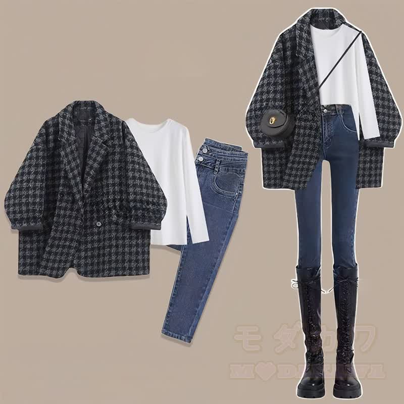 Dreiteiliges Set: Karierter Blazer, weißes Basic-T-Shirt, Skinny-Jeans, dreiteiliges Set - Schwarzes Set - 2XL - image 2