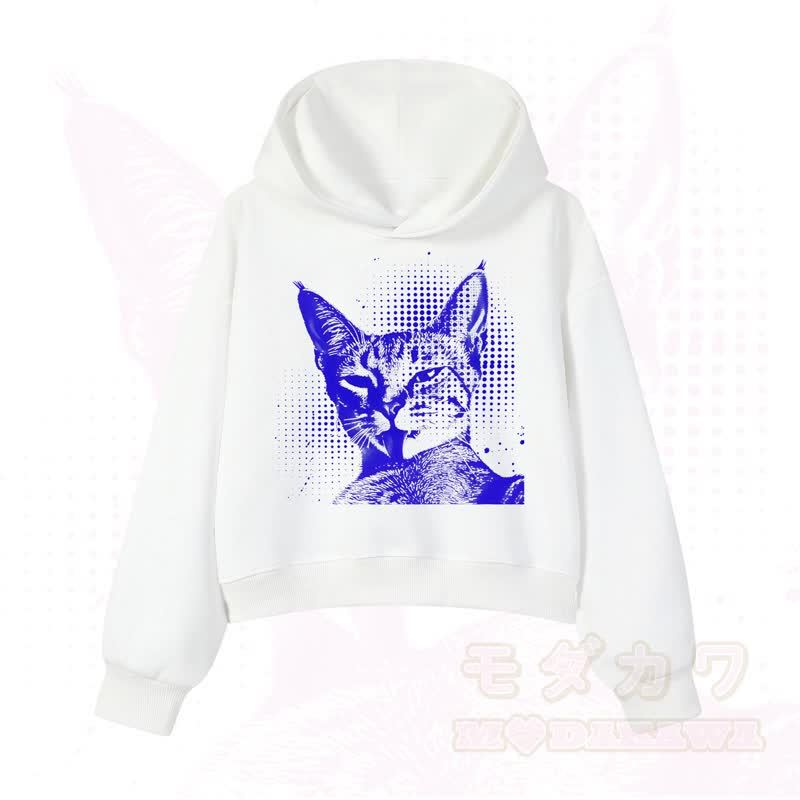 MODAKAWA Vintage Kapuzenpullover mit Katzenprint, kurz geschnitten   - Weiß B - 3XL - image 6