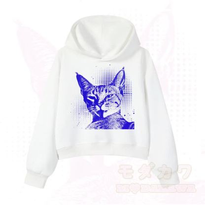 MODAKAWA Vintage Kapuzenpullover mit Katzenprint, kurz geschnitten   - Weiß B - 3XL - image 6