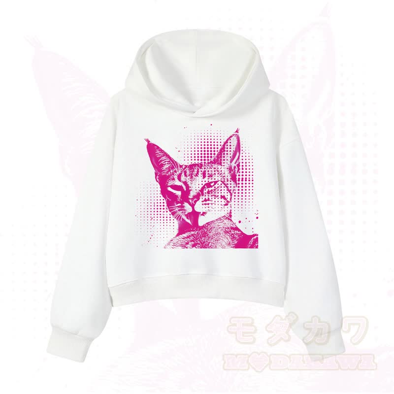 MODAKAWA Vintage Kapuzenpullover mit Katzenprint, kurz geschnitten   - Weiß A - 3XL - image 5