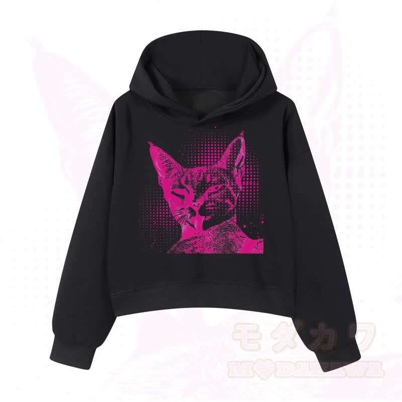 MODAKAWA Vintage Kapuzenpullover mit Katzenprint, kurz geschnitten   - Schwarz - 3XL - image 4