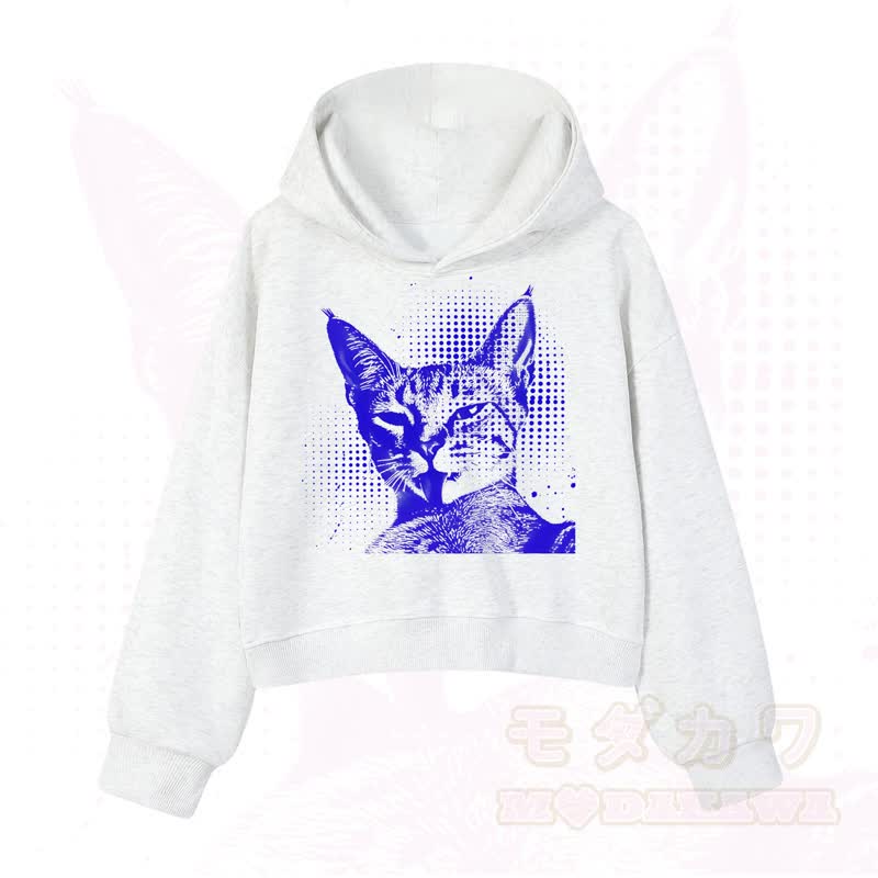 MODAKAWA Vintage Kapuzenpullover mit Katzenprint, kurz geschnitten   - Hellgrau B - 3XL - image 12