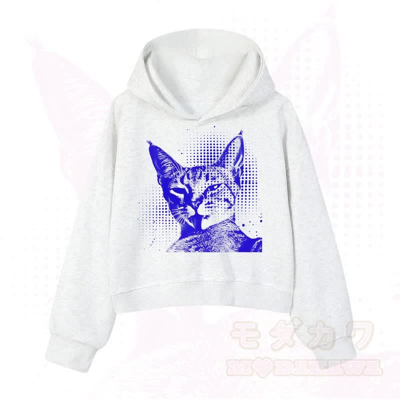 MODAKAWA Vintage Kapuzenpullover mit Katzenprint, kurz geschnitten   - Hellgrau B - 3XL - image 12
