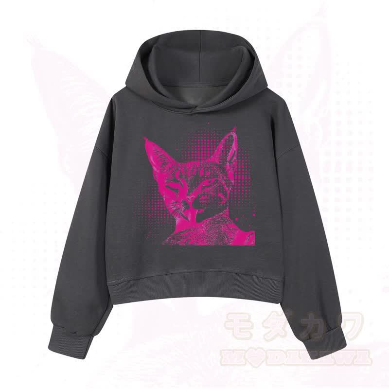 MODAKAWA Vintage Kapuzenpullover mit Katzenprint, kurz geschnitten   - Dunkelgrau - 3XL - image 10