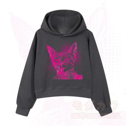 MODAKAWA Vintage Kapuzenpullover mit Katzenprint, kurz geschnitten   - Dunkelgrau - 3XL - image 10