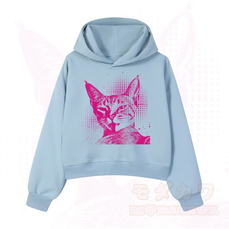 MODAKAWA Vintage Kapuzenpullover mit Katzenprint, kurz geschnitten   - Blau A - 3XL - image 7