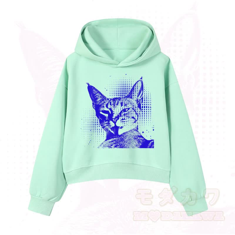 MODAKAWA Vintage Kapuzenpullover mit Katzenprint, kurz geschnitten   - Grün B - 3XL - image 2