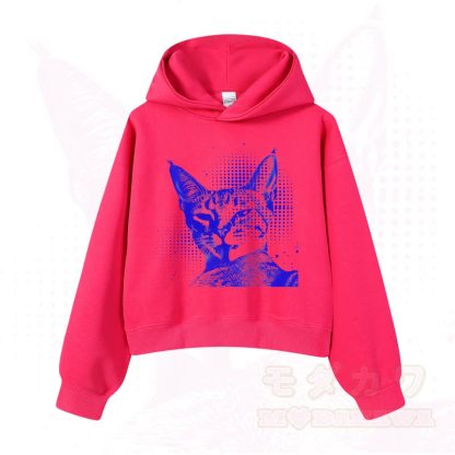 MODAKAWA Vintage Kapuzenpullover mit Katzenprint, kurz geschnitten   - Rose - 3XL - image 9