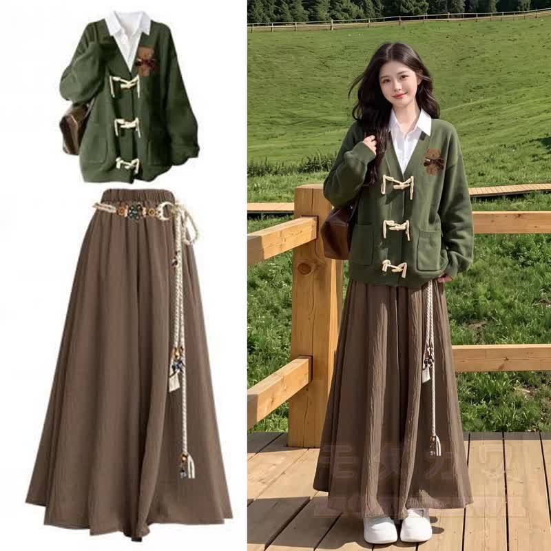 Dreiteiliges Set: Strickjacke mit Knöpfen, gestreiftes Hemd, langer Rock - Satz - XL - image 1