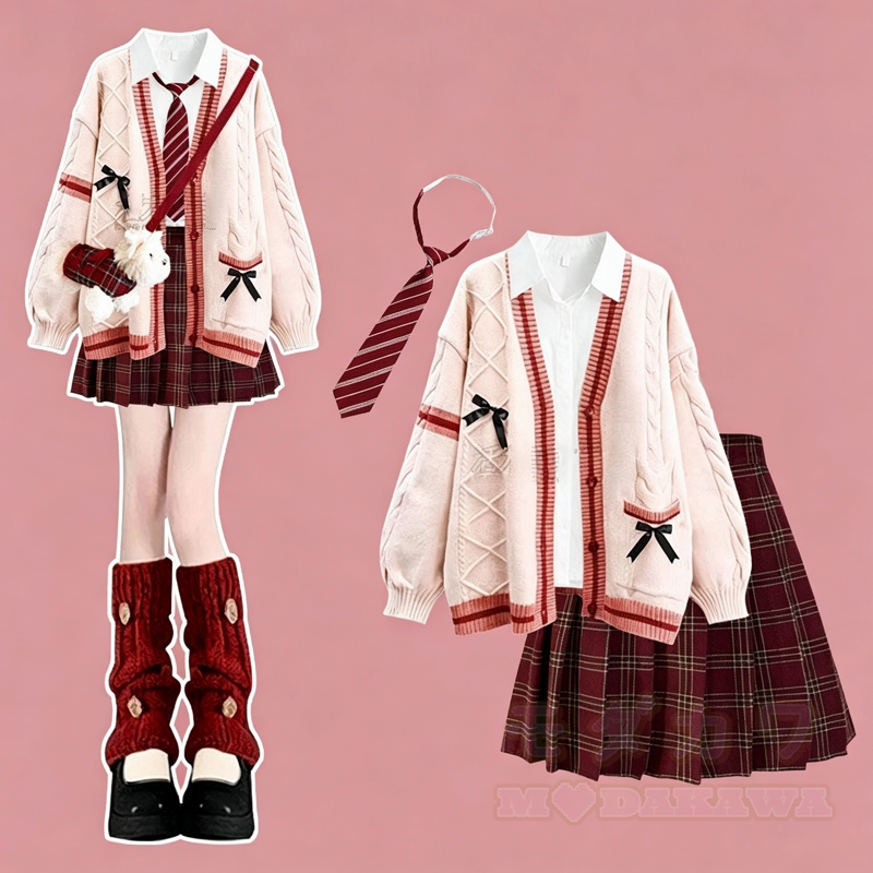 Set bestehend aus vierteiligem Set: Strickjacke mit Schleife, Zopfmusterstrickbluse, kariertem Faltenrock mit Bindeband und kariertem Faltenrock mit Bindeband - Rotes Set - XL - image 1