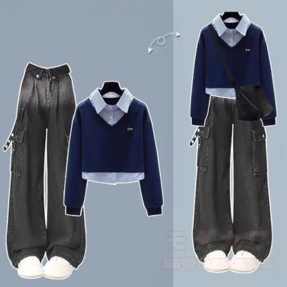 Zweiteiliges Set aus Polo-Sweatshirt im Preppy-Stil und Cargohose aus Denim mit Farbverlauf - Blaues Set - XL - image 1
