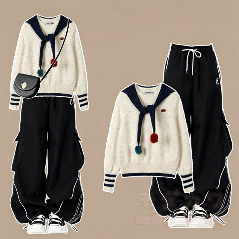 Zweiteiliges Set bestehend aus einem marineblauen Strickpullover mit Kragen und Streifenmuster sowie einer Cargohose mit Kordelzug und passendem Pullover mit Kragen und Streifenmuster und einer Cargohose mit Kordelzug - Satz - XL - image 1