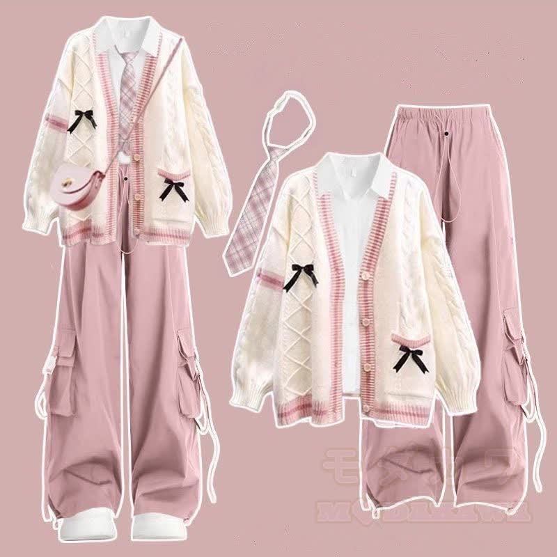 Süßes Strick-Cardigan-Hemd mit Schleife, Cargohose und Krawatte – vierteiliges Set - image 1