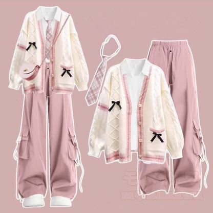 Süßes Strick-Cardigan-Hemd mit Schleife, Cargohose und Krawatte – vierteiliges Set - image 1