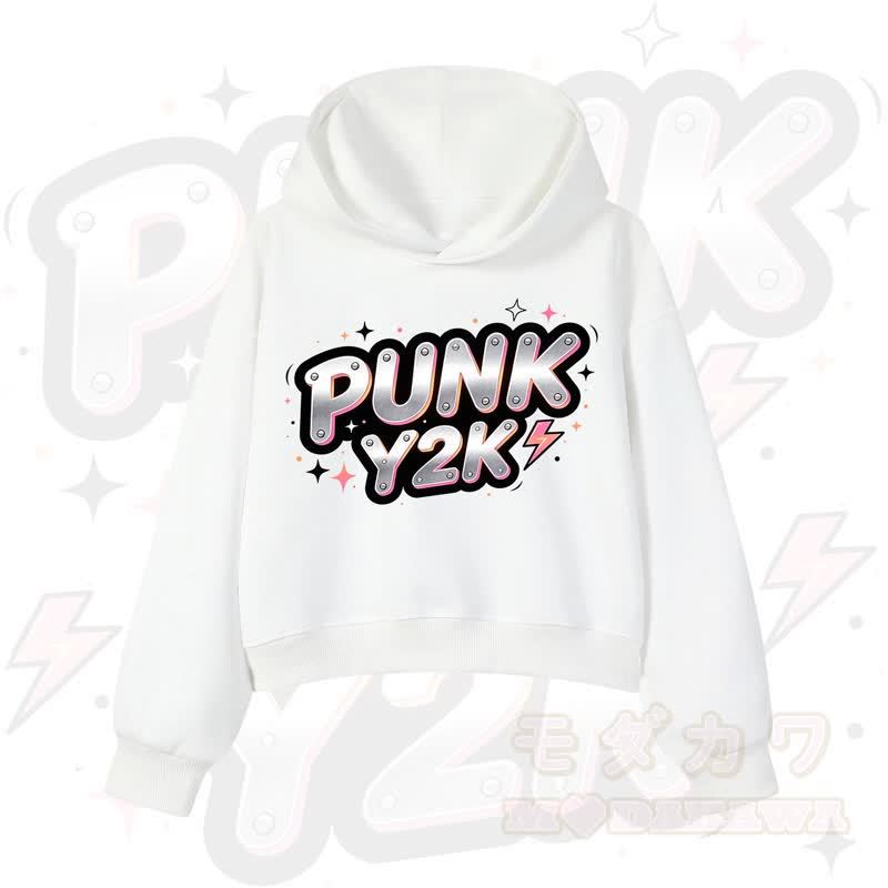 MODAKAWA PUNK Y2K Lightning Graphic Cropped Cotton Hoodie - Weiß - 3XL - image 4