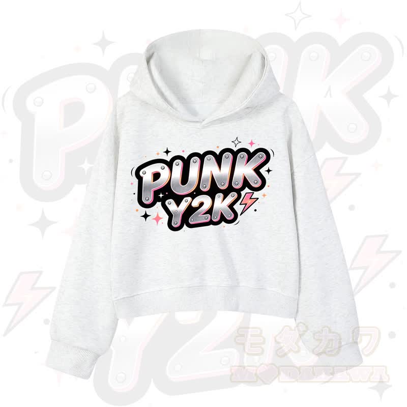 MODAKAWA PUNK Y2K Lightning Graphic Cropped Cotton Hoodie - Hellgrau - 3XL - image 8