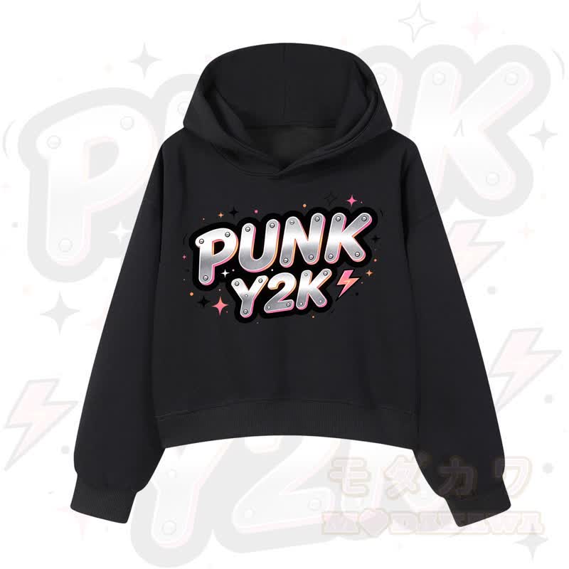 MODAKAWA PUNK Y2K Lightning Graphic Cropped Cotton Hoodie - Schwarz - 3XL - image 2