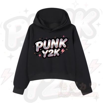 MODAKAWA PUNK Y2K Lightning Graphic Cropped Cotton Hoodie - Schwarz - 3XL - image 2