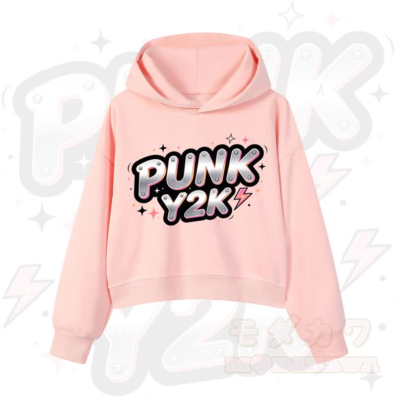 MODAKAWA PUNK Y2K Lightning Graphic Cropped Cotton Hoodie - Rosa - 3XL - image 5