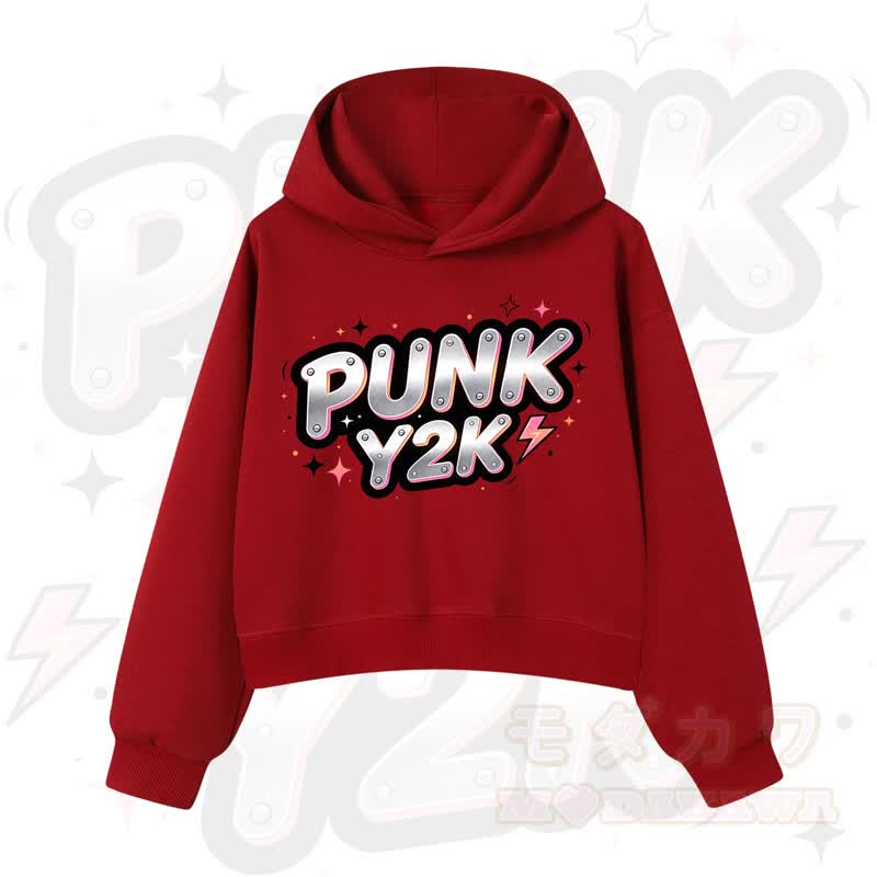 MODAKAWA PUNK Y2K Lightning Graphic Cropped Cotton Hoodie - Rot - 3XL - image 11