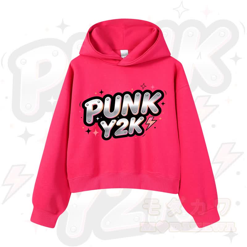 MODAKAWA PUNK Y2K Lightning Graphic Cropped Cotton Hoodie - Rose - 3XL - image 7
