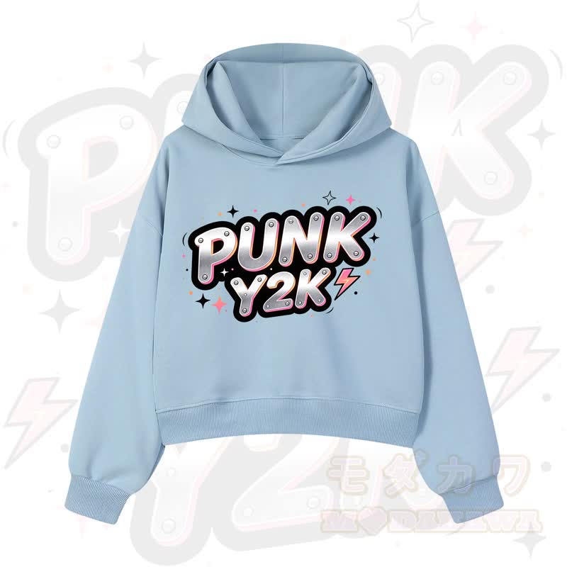 MODAKAWA PUNK Y2K Lightning Graphic Cropped Cotton Hoodie - Blau - 3XL - image 6