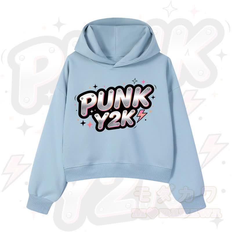MODAKAWA PUNK Y2K Lightning Graphic Cropped Cotton Hoodie - Blau - 3XL - image 6