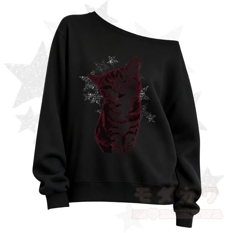 MODAKAWA Sweatshirt mit Sternenkatzenprint und schrägen Schultern - Schwarz A - 3XL - image 2