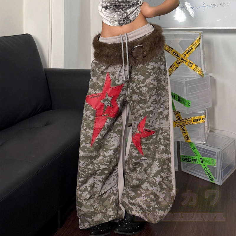 Y2K Camo Star Patch Wide Leg Pants with Plush Waist Belt - image 1