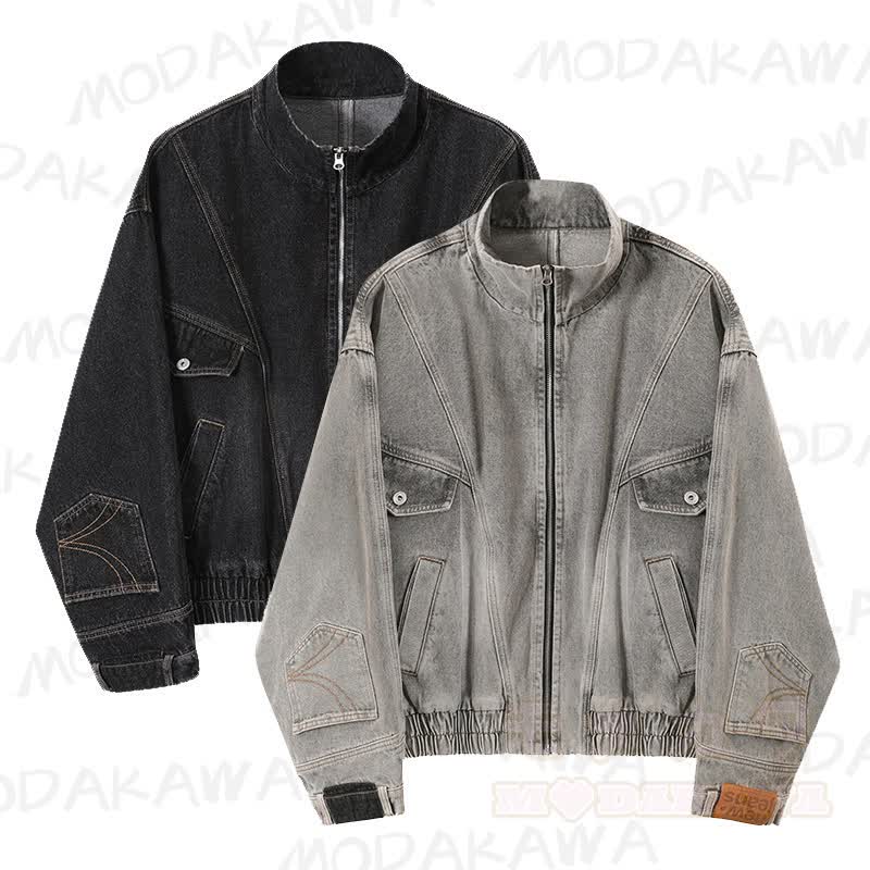 Vintage-Jeansjacke im Used-Look mit Stehkragen und Reißverschluss, dekonstruiert und aus gewaschenem Material - image 1