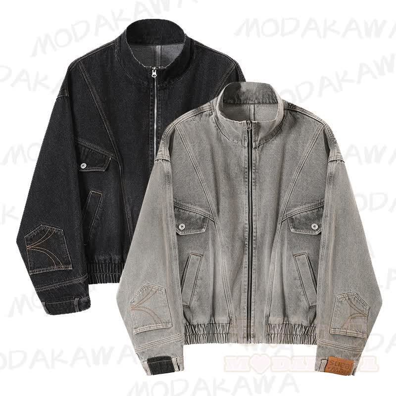 Vintage-Jeansjacke im Used-Look mit Stehkragen und Reißverschluss, dekonstruiert und aus gewaschenem Material - image 1