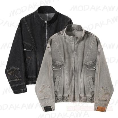 Vintage-Jeansjacke im Used-Look mit Stehkragen und Reißverschluss, dekonstruiert und aus gewaschenem Material - image 1