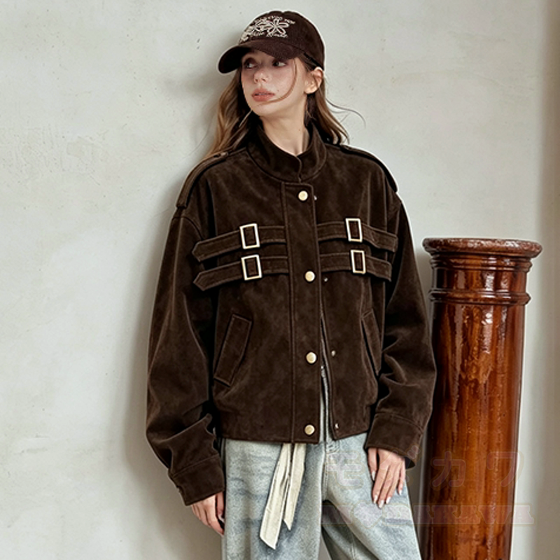 Vintage-Jacke mit Stehkragen aus Kunstwildleder und Schnallendekor, kurz geschnitten - image 1