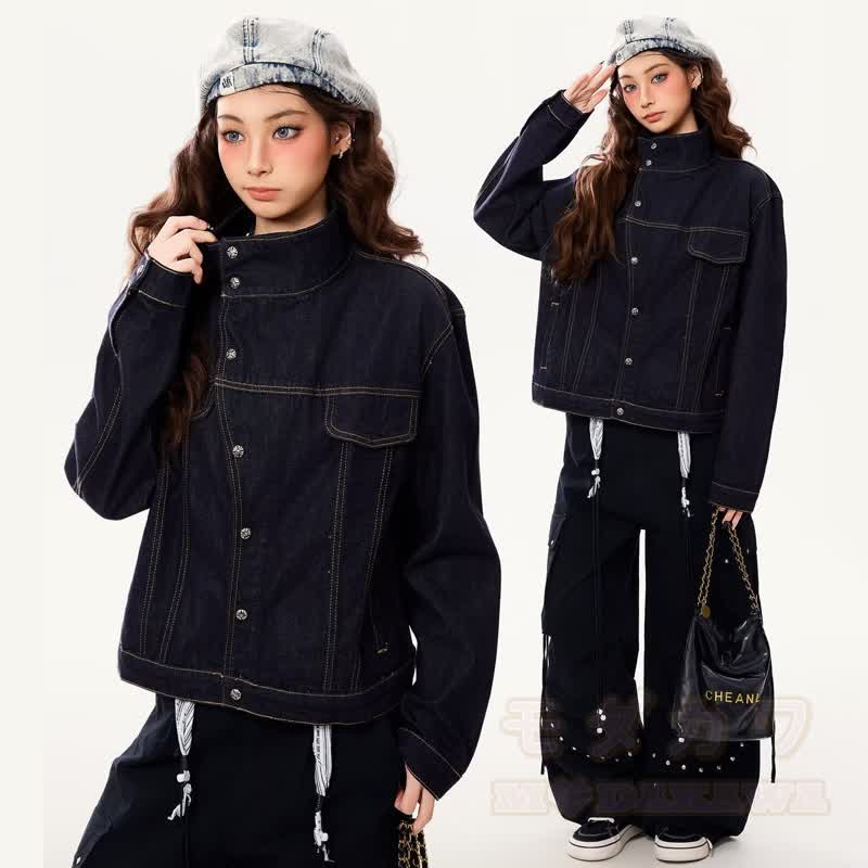 Vintage Jeansjacke mit Stehkragen, lockerer Passform und kurzem Schnitt - image 1