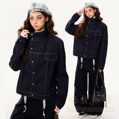 Vintage Jeansjacke mit Stehkragen, lockerer Passform und kurzem Schnitt - image 1