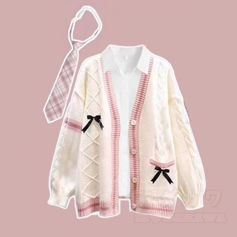 Süßes Strick-Cardigan-Hemd mit Schleife, Cargohose und Krawatte – vierteiliges Set - Hemd + Krawatte + Strickjacke - 2XL - image 2