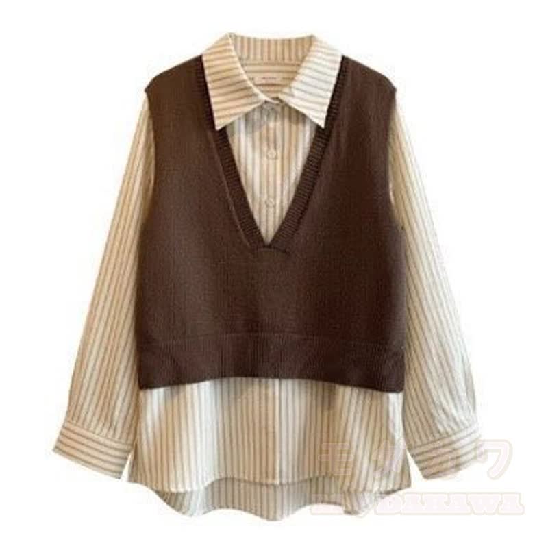Dreiteiliges Set im Vintage-Preppy-Stil: Streifenhemd, Strickweste, ausgestellte Jeans. - Hemd - 4XL - image 4
