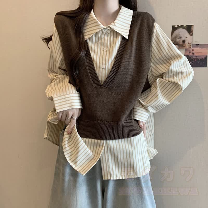Dreiteiliges Set im Vintage-Preppy-Stil: Streifenhemd, Strickweste, Cargohose mit weitem Bein - image 2