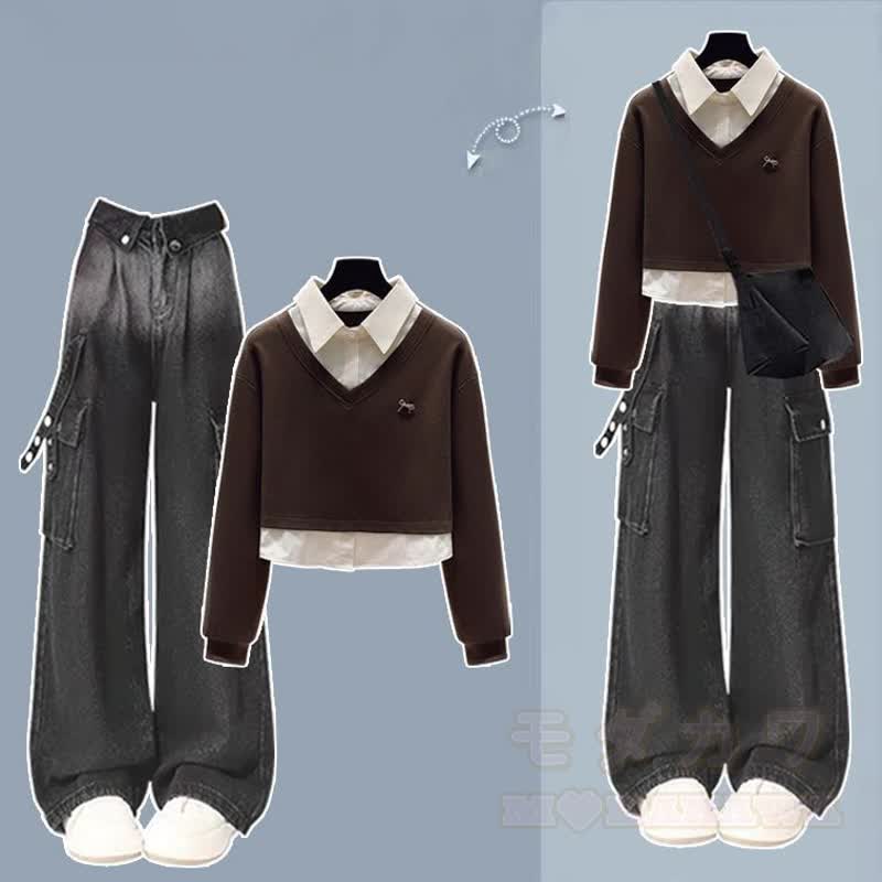 Zweiteiliges Set aus Polo-Sweatshirt im Preppy-Stil und Cargohose aus Denim mit Farbverlauf - Braunes Set - XL - image 3