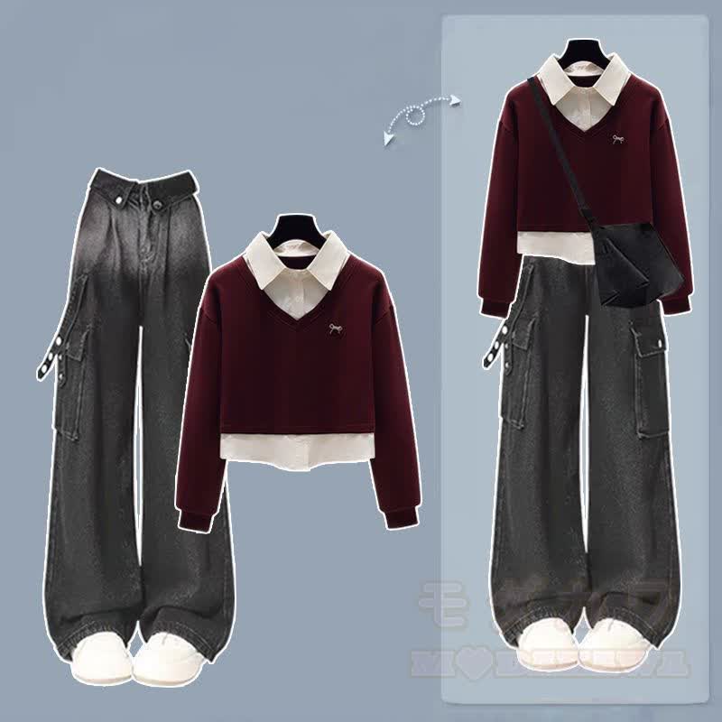 Zweiteiliges Set aus Polo-Sweatshirt im Preppy-Stil und Cargohose aus Denim mit Farbverlauf - Rotes Set - XL - image 2