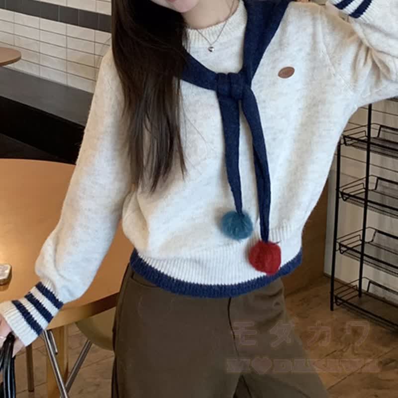 Zweiteiliges Set bestehend aus einem marineblauen Strickpullover mit Kragen und Streifenmuster sowie einer Cargohose mit Kordelzug und passendem Pullover mit Kragen und Streifenmuster und einer Cargohose mit Kordelzug - Spitze - XL - image 2
