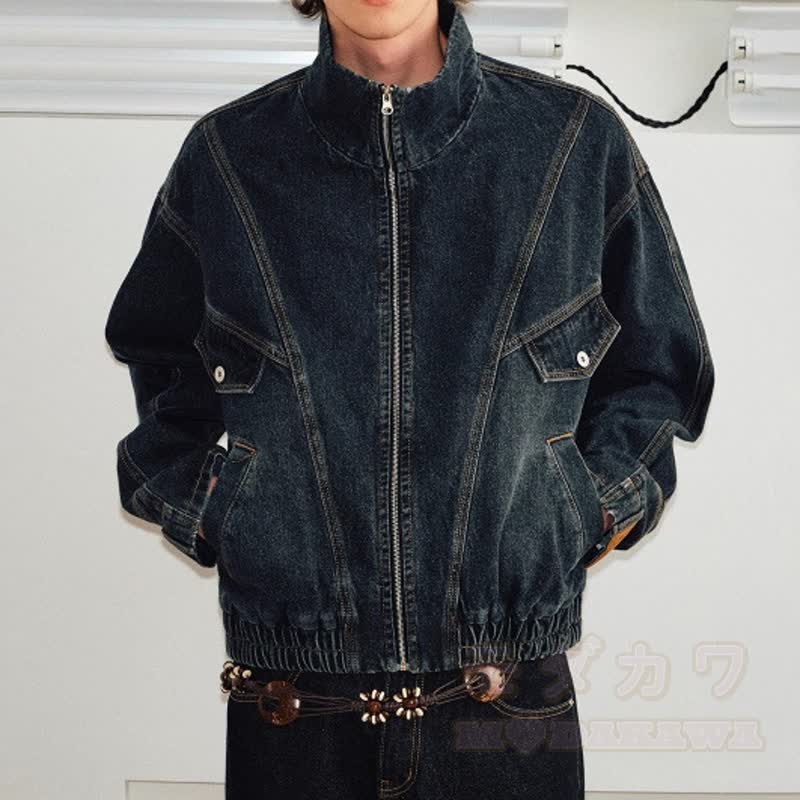Vintage-Jeansjacke im Used-Look mit Stehkragen und Reißverschluss, dekonstruiert und aus gewaschenem Material - image 3