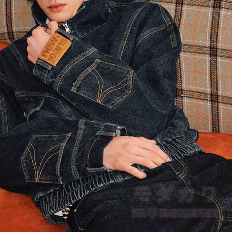 Vintage-Jeansjacke im Used-Look mit Stehkragen und Reißverschluss, dekonstruiert und aus gewaschenem Material - image 2