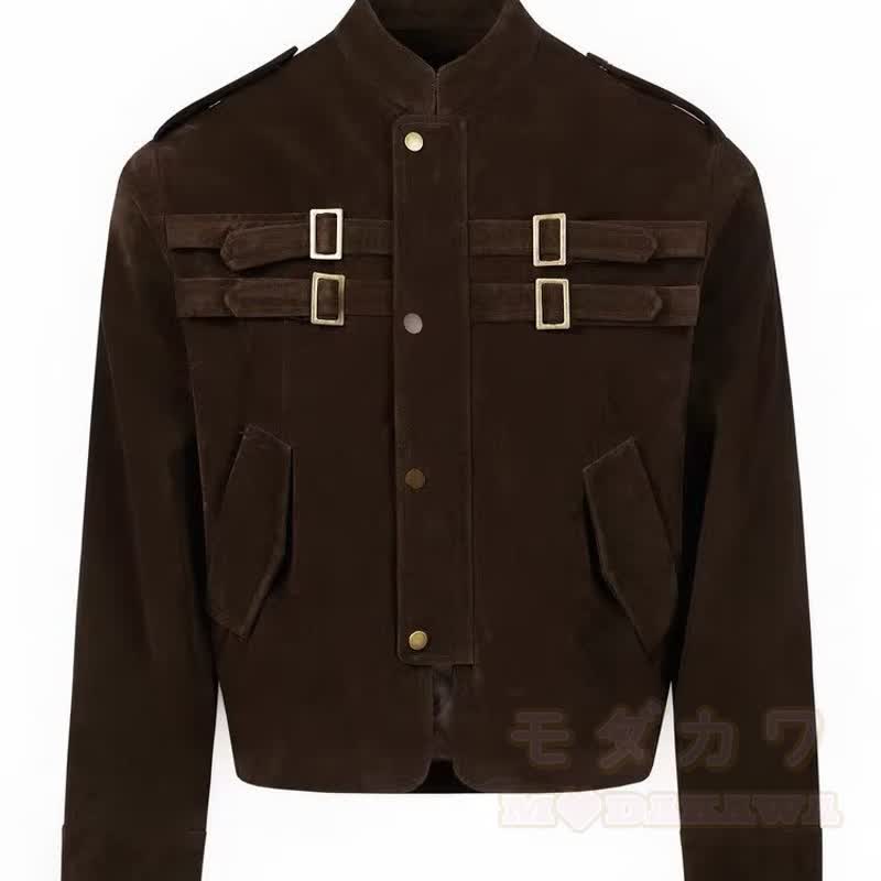 Vintage-Jacke mit Stehkragen aus Kunstwildleder und Schnallendekor, kurz geschnitten - Braun - 2XL - image 5