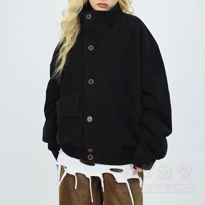 Vintage Stehkragen-Cago-Jacke (locker geschnitten) - Schwarz - 2XL - image 5
