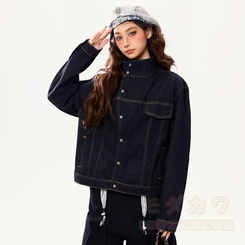 Vintage Jeansjacke mit Stehkragen, lockerer Passform und kurzem Schnitt - Schwarz - 2XL - image 2