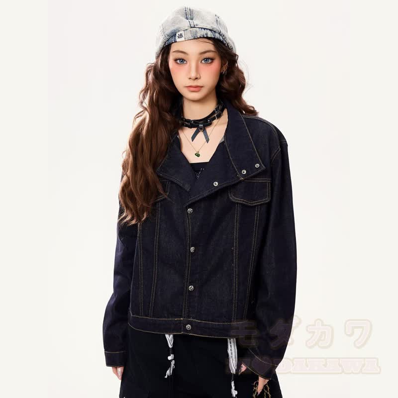 Vintage Jeansjacke mit Stehkragen, lockerer Passform und kurzem Schnitt - image 3