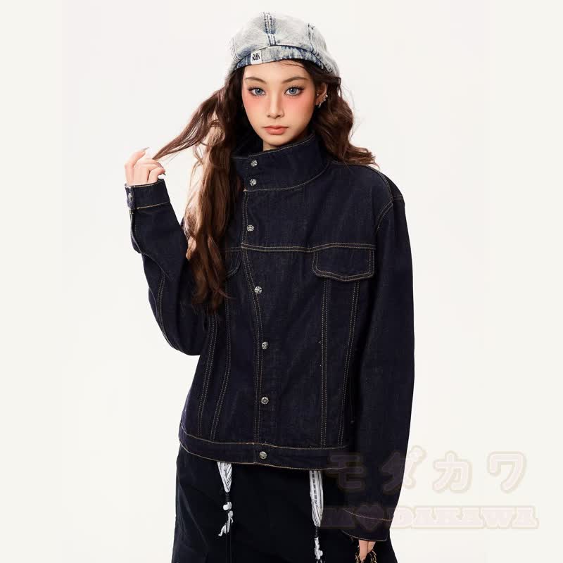 Vintage Jeansjacke mit Stehkragen, lockerer Passform und kurzem Schnitt - image 4
